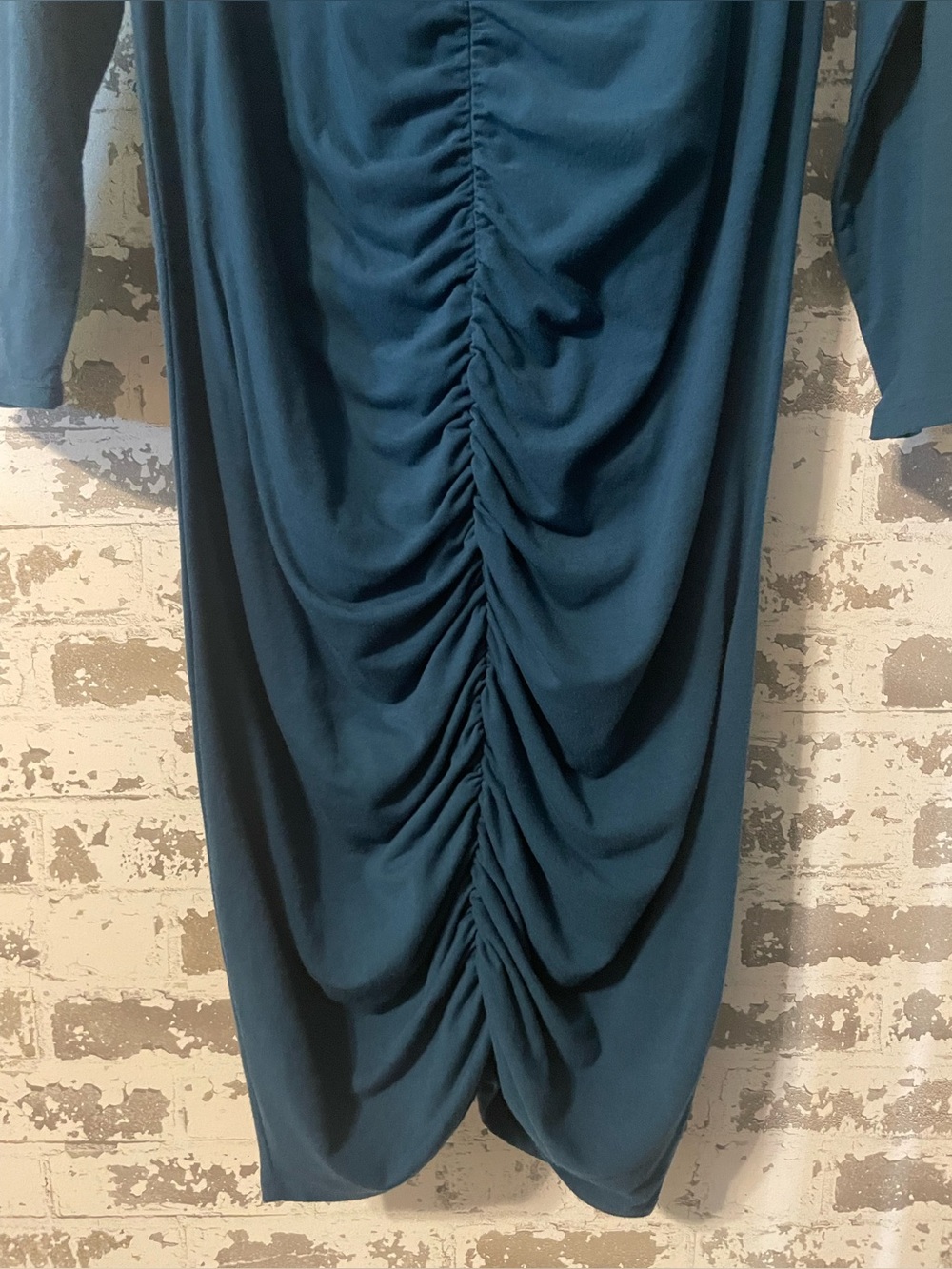 Torrid Teal Ruched Bodycon Dress Size 1 Deep V Neck Long Sleeve Stretch Midi - Picture 5 of 8